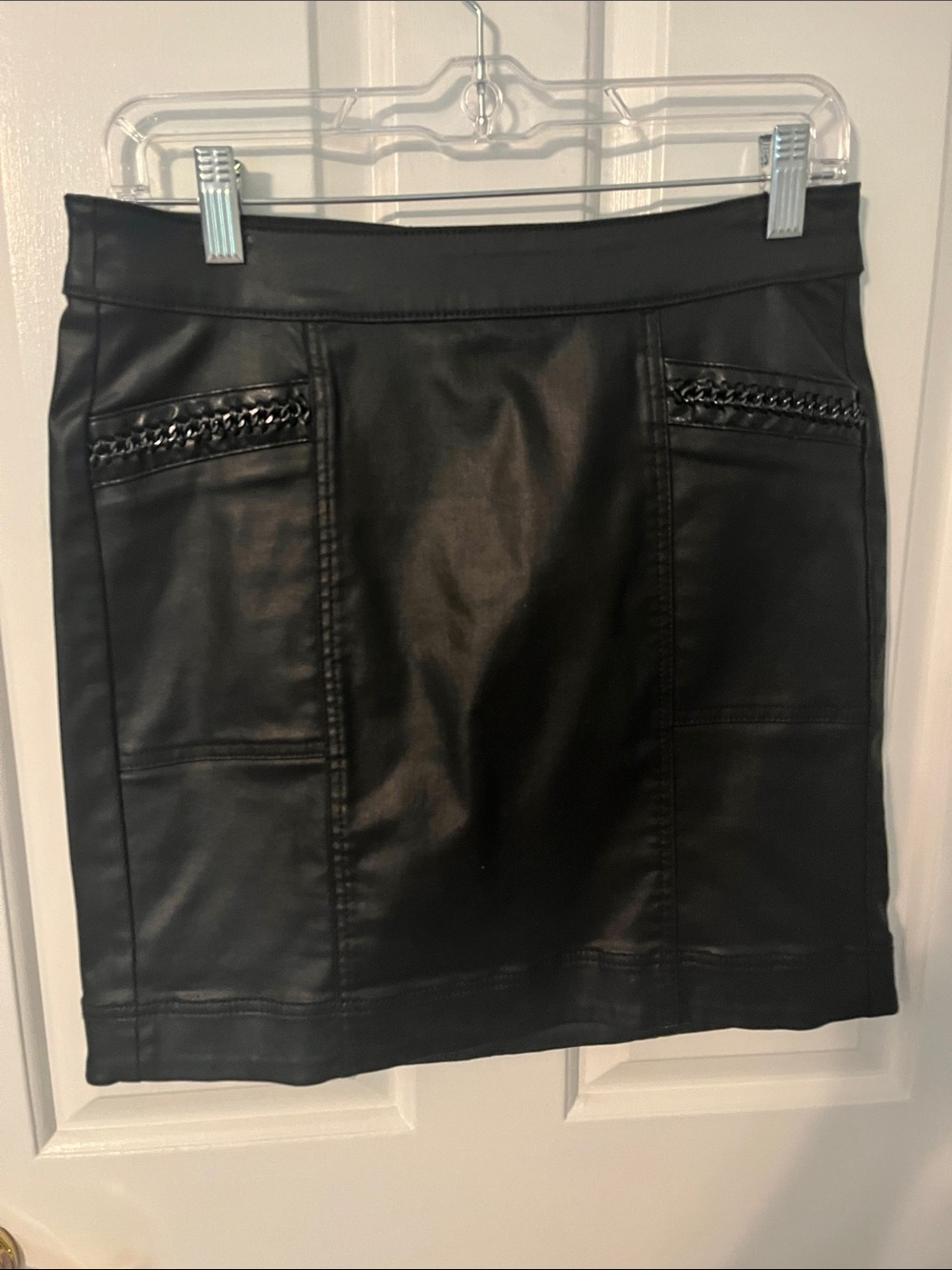 White House Black Market Black Coated Denim Mini Skirt with Chain Pocket Trim